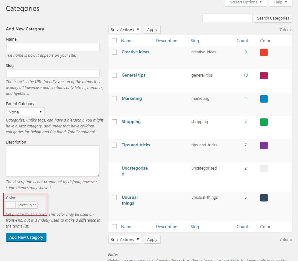 Custom Term Colors WordPress Plugin Interface